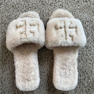 Tory Burch Cream Shearling Slippers